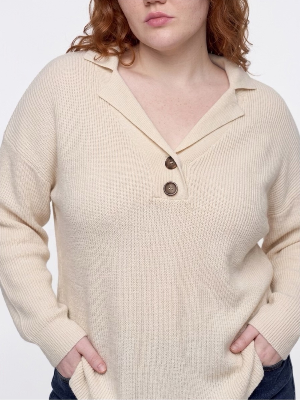Lillusory Cream Collared Button V-Neck Women's Sweater